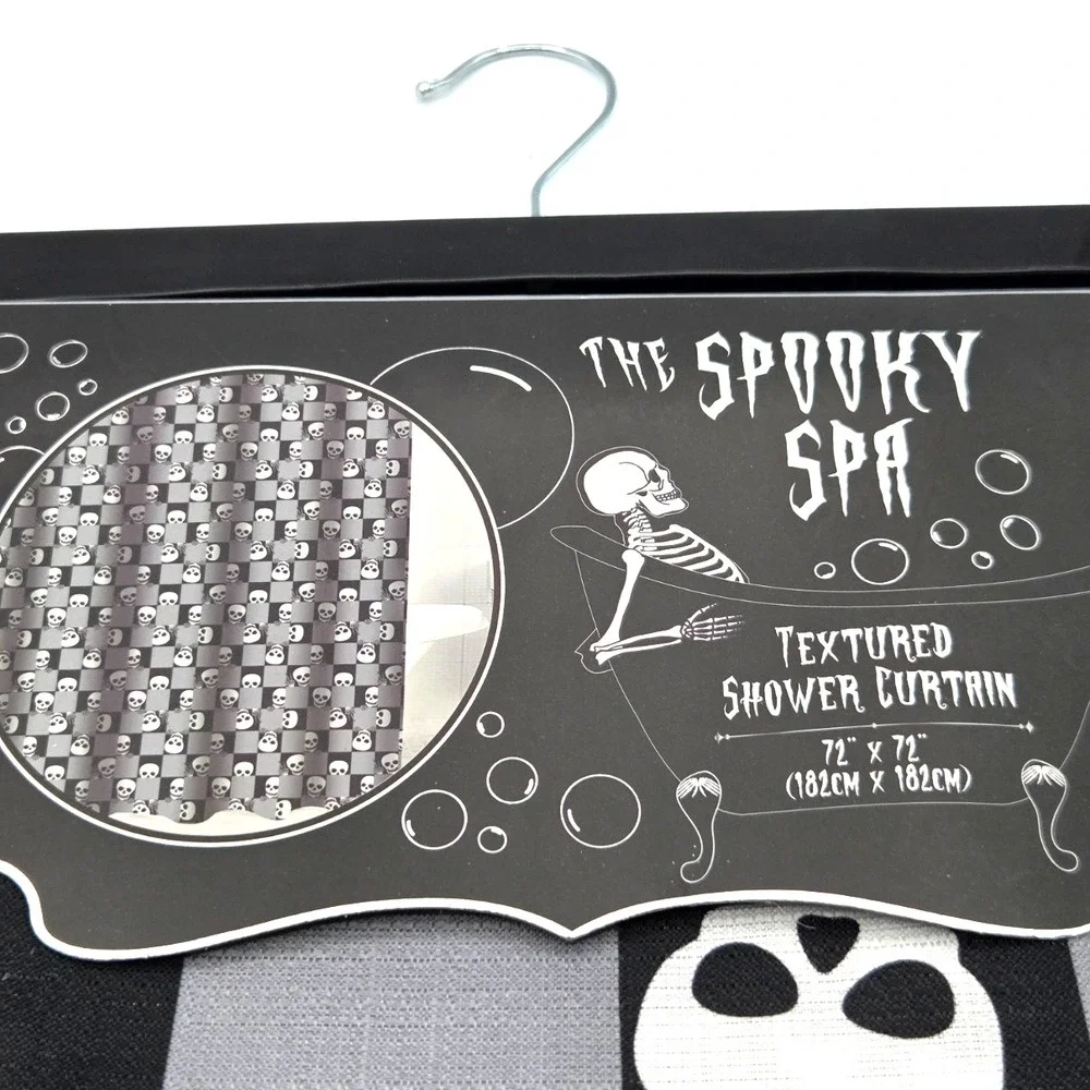 The Spooky Spa Skulls Textured Shower Curtain Black & White Halloween 72